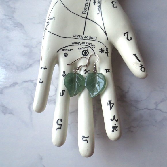 Beautiful Handmade Sterling Silver and Aventurine Gemstone Carved Leaf Earrings - Picture 2 of 6